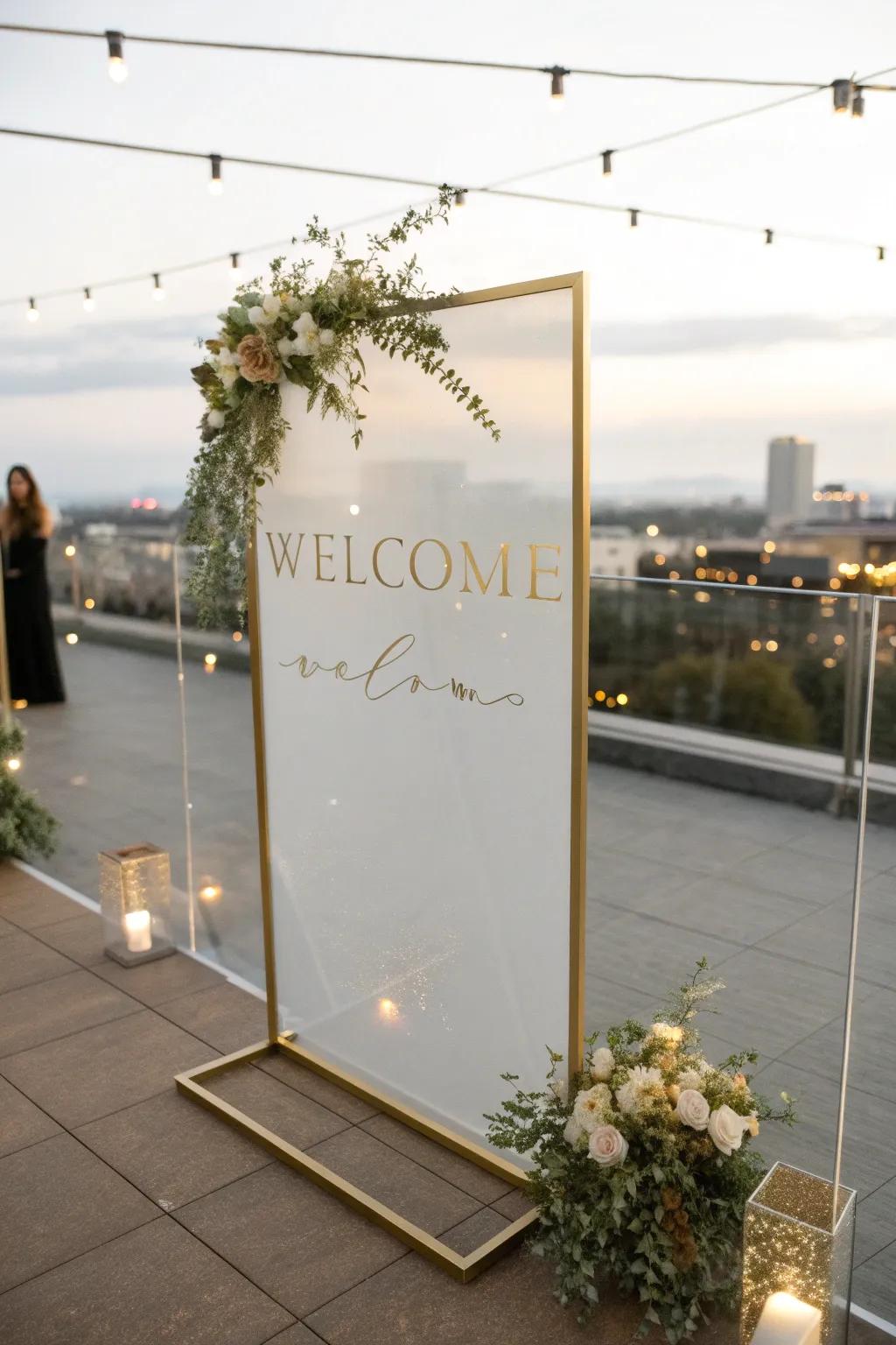 A sleek minimalist clear greeting plaque with gilded accents, appropriate for a rooftop wedding.