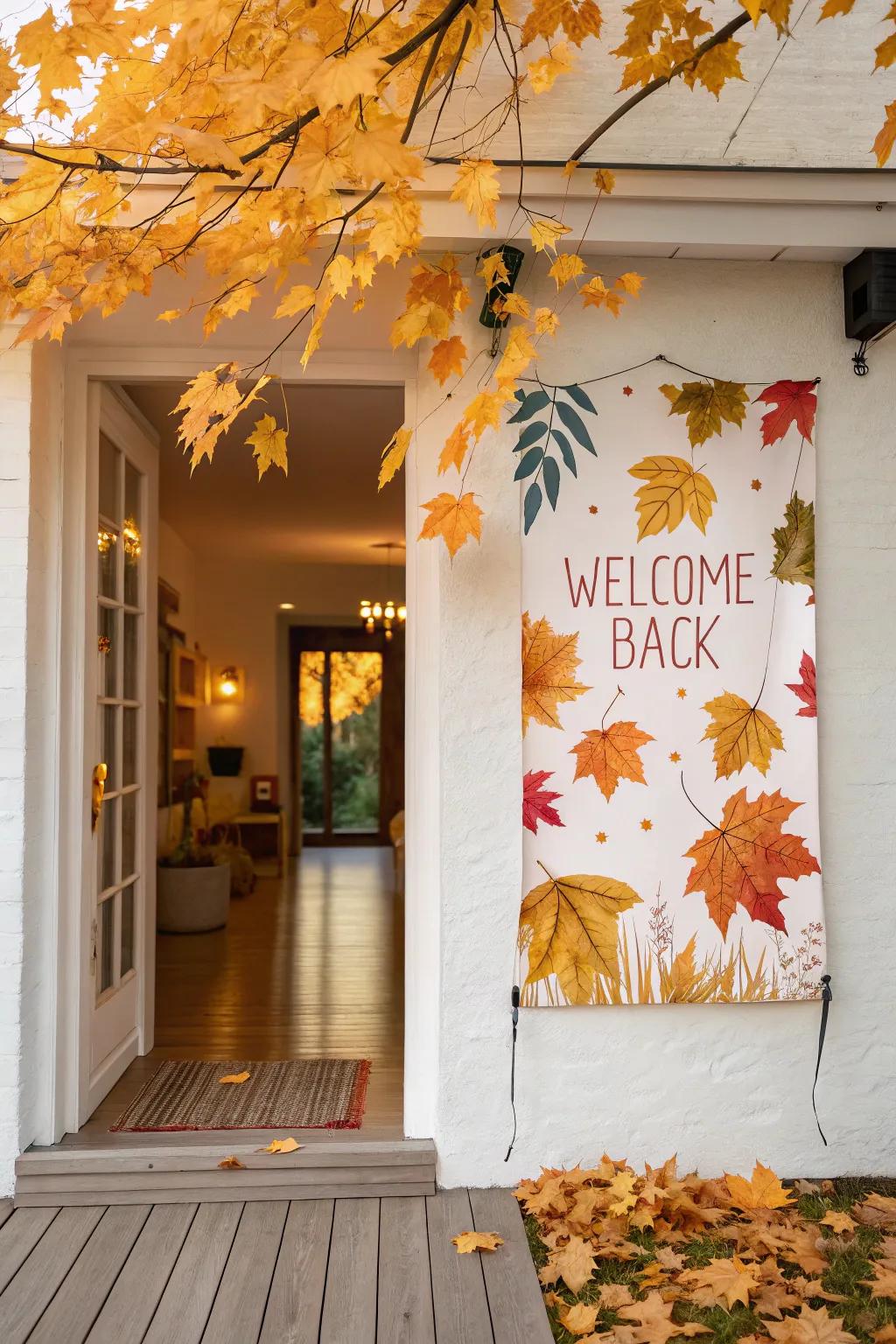 A seasonal autumn-themed poster welcomes visitors in the foyer.