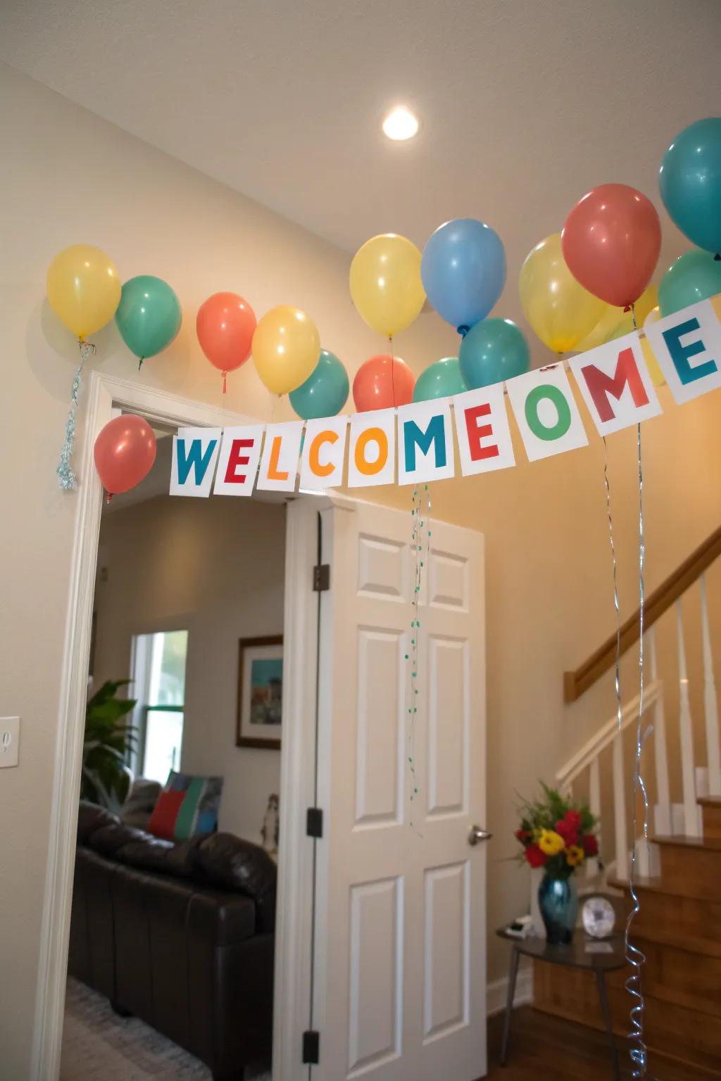 Cultivate a celebratory mood with a banner and balloons.