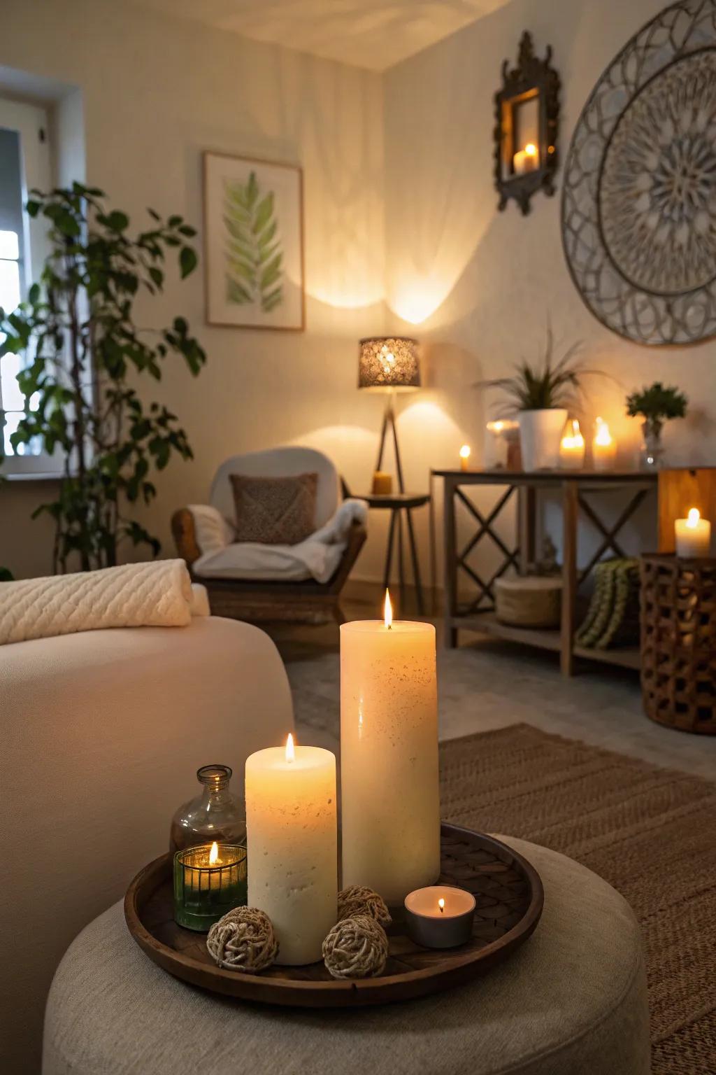 Scented candles setting the stage for a warm homecoming.