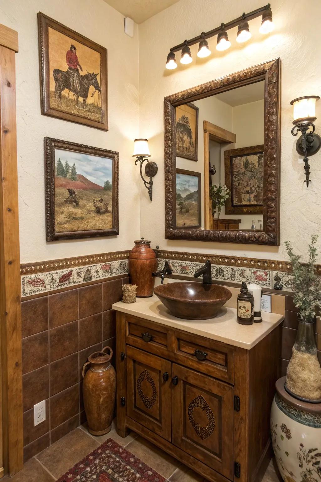 Western-themed artwork adds personality to this bathroom.