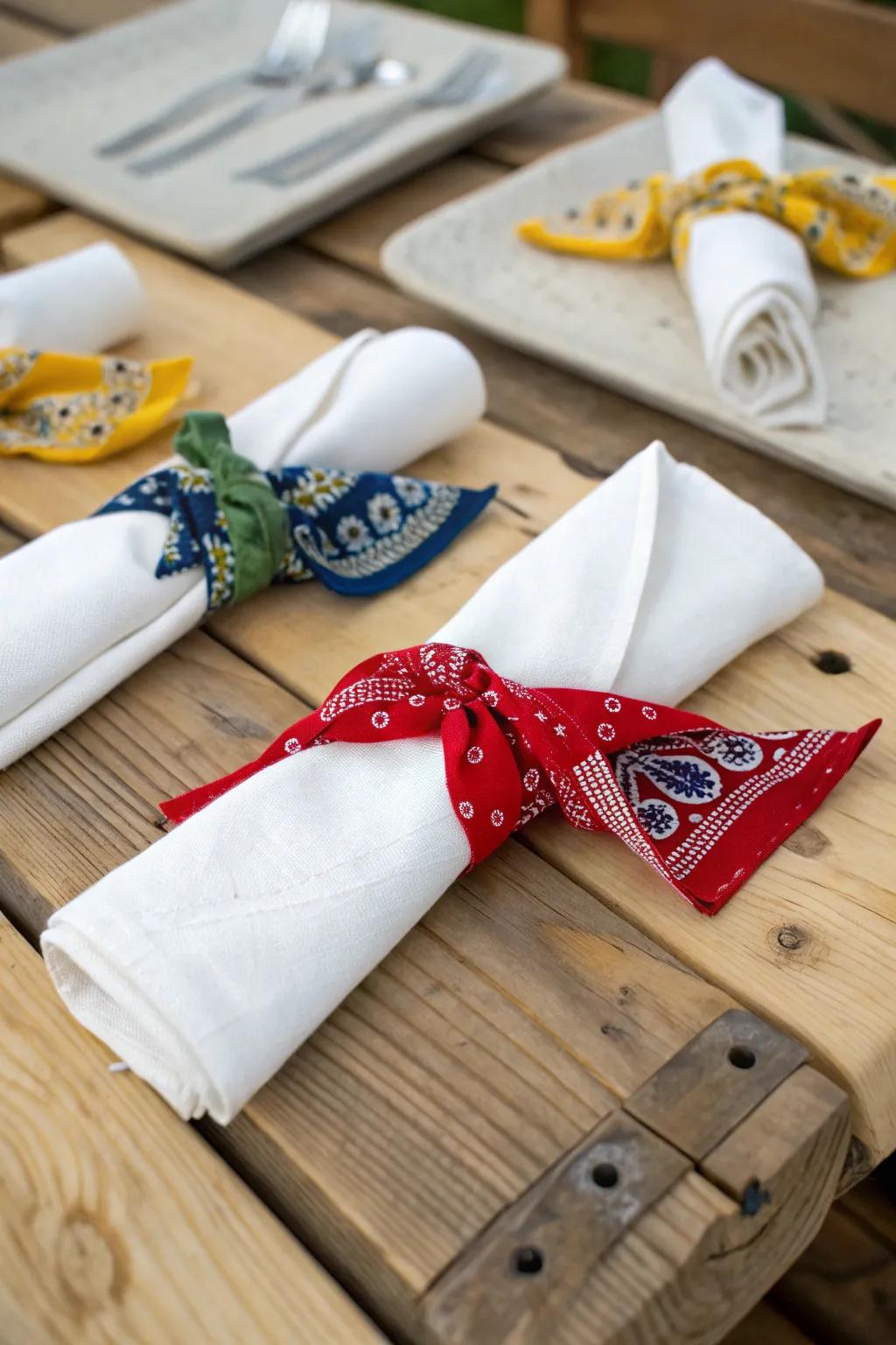 Kerchief linen fasteners contribute a spirited flourish to dining arrangements.