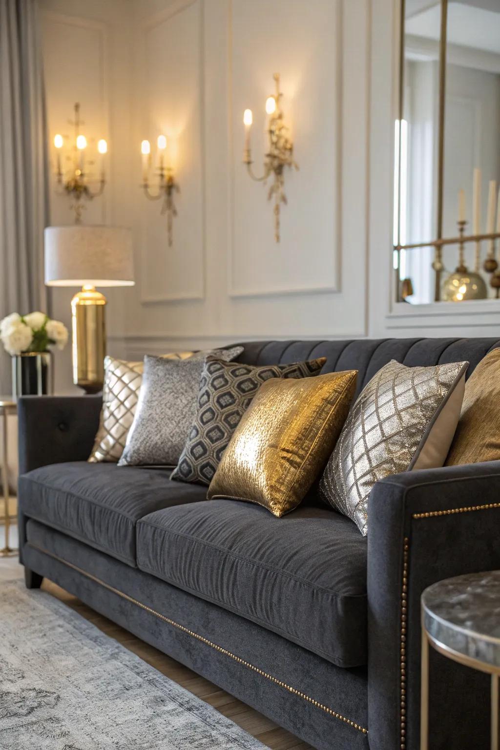 Metallic cushions add a luxurious touch to the dark grey sofa.