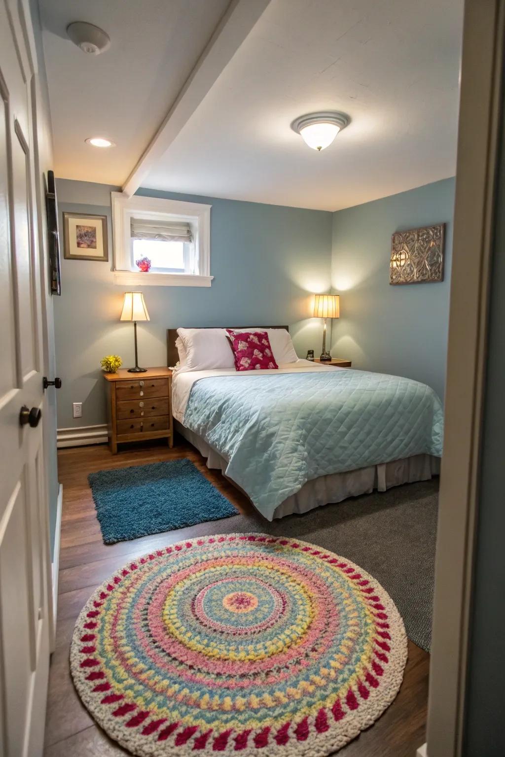 A rounded floor covering bestows an unconventional and spirited flair to a slender sleeping chamber space.