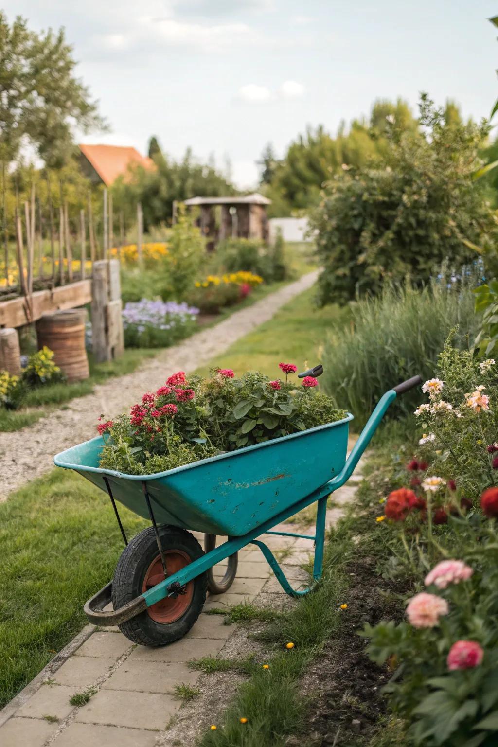 A burst of color with a recently painted wheelbarrow.