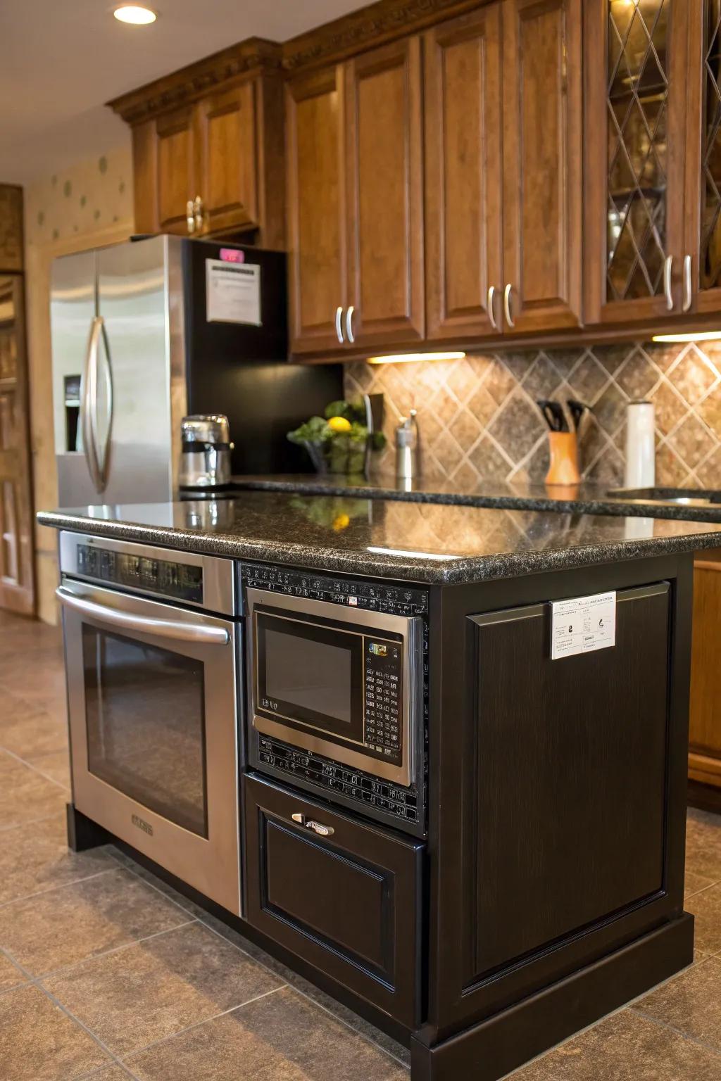 A microwave incorporated into a kitchen island for convenience.