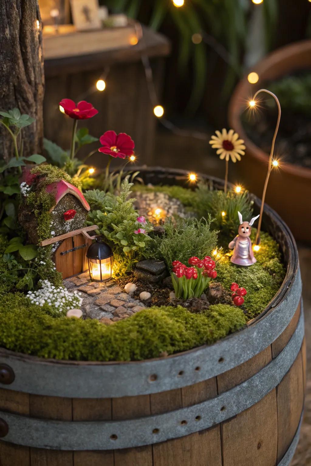 An enchanted pixie garden illuminated with minute diode lights.
