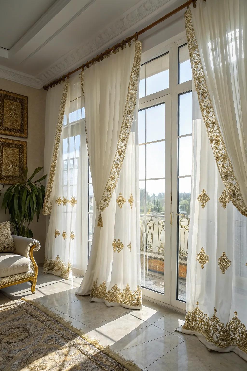 White curtains with gold embroidery frame windows with elegance.