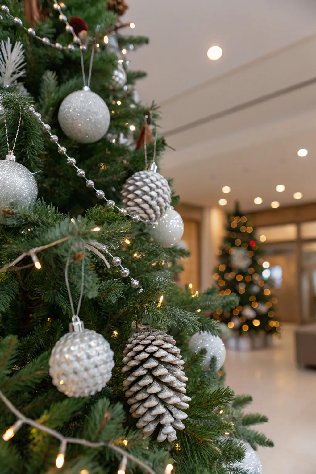 Natural pinecones dusted with white contribute an authentic beauty.