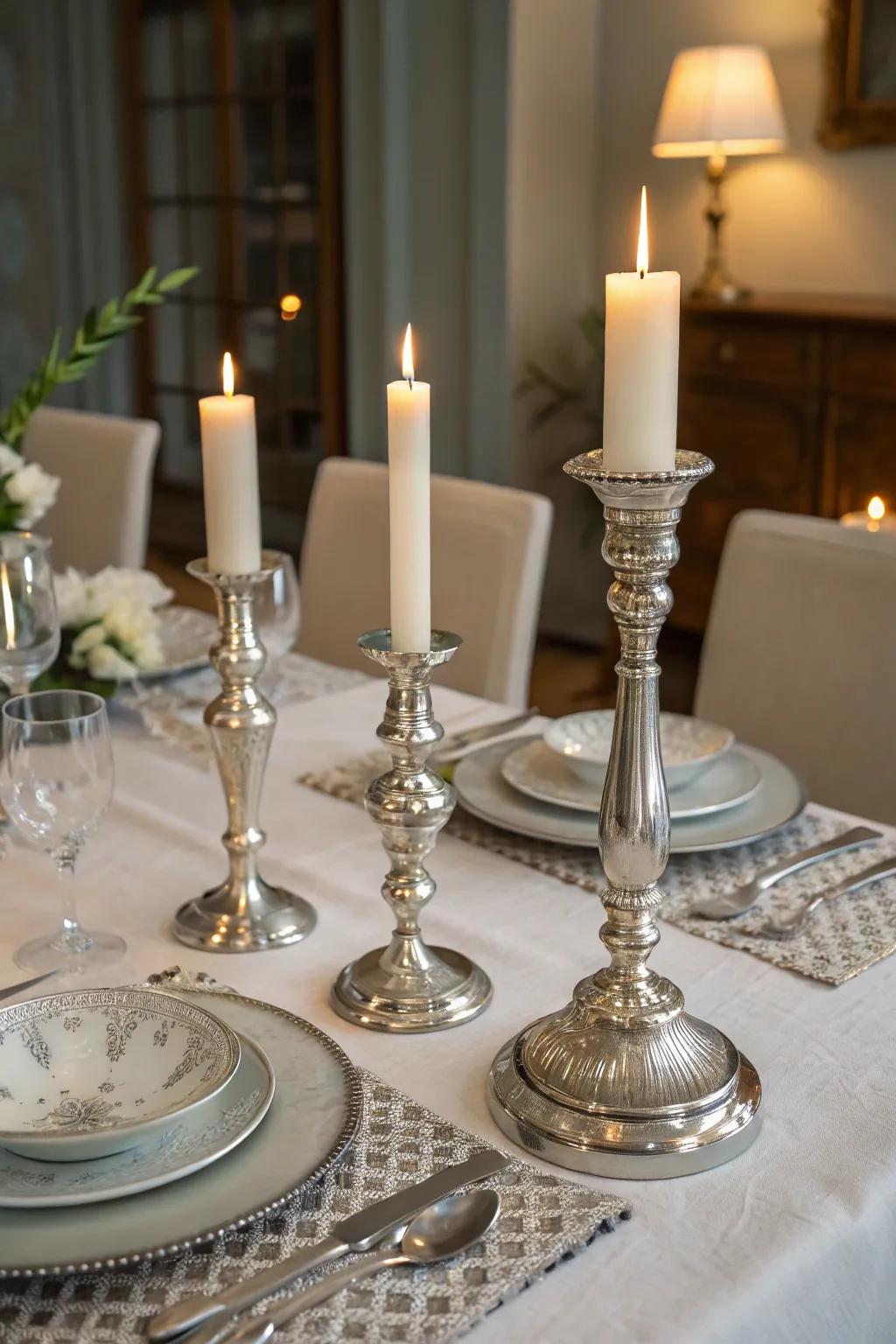 Conjure a warm and inviting ambiance through the strategic use of silver candle stands and white candles.