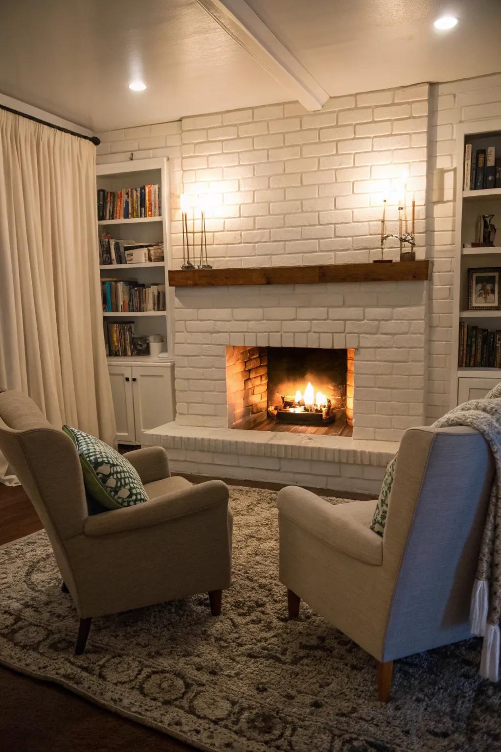 Intimate seating invites warmth and sociability near the fireplace.