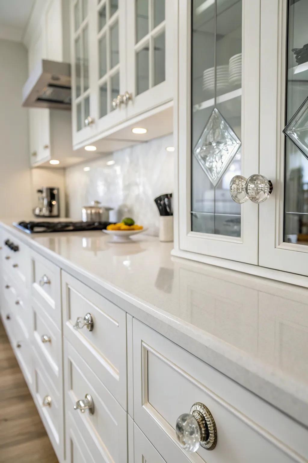 Stylish crystal glass buttons bringing shimmer to an ivory cooking area.