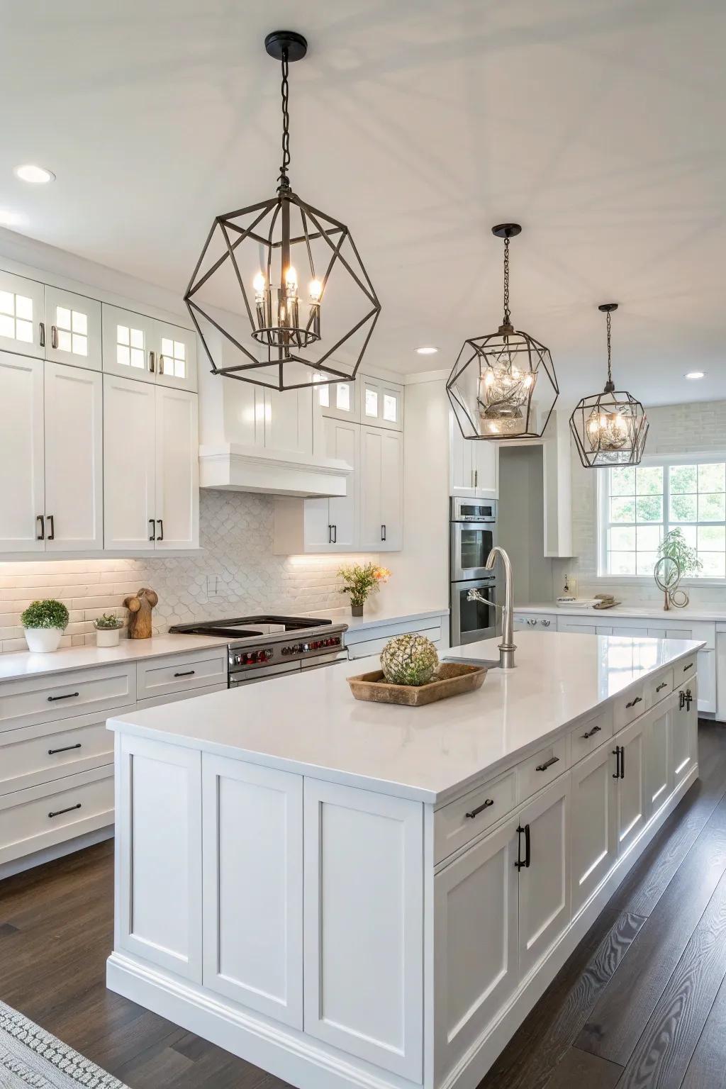 Statement lighting fittings add personality and warmth to the white kitchen.