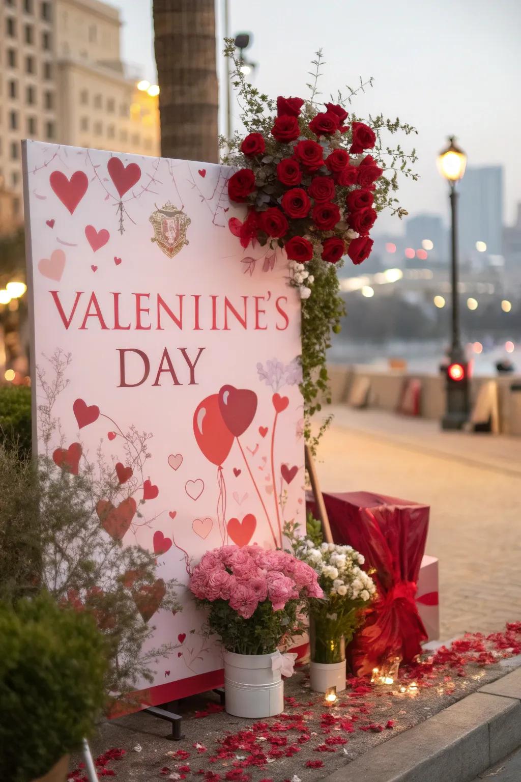 An affectionate Valentine's poster presenting emblems such as blossoms and love notes.
