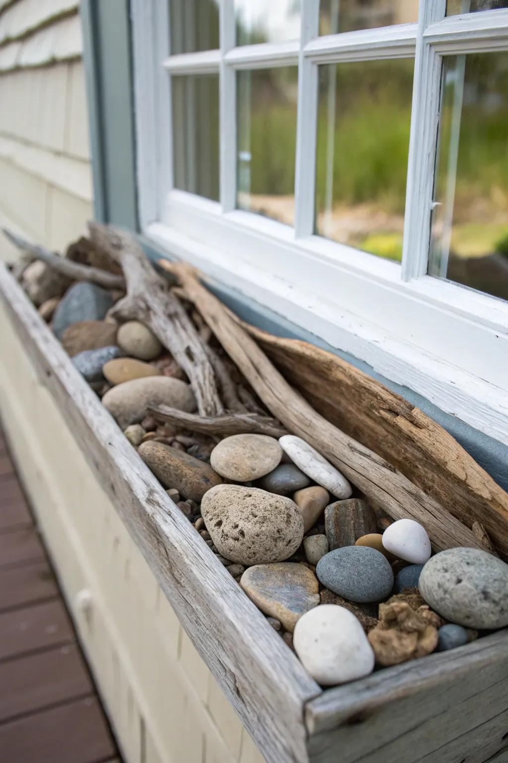 Nature's artistry with driftwood and stones displayed in a window box