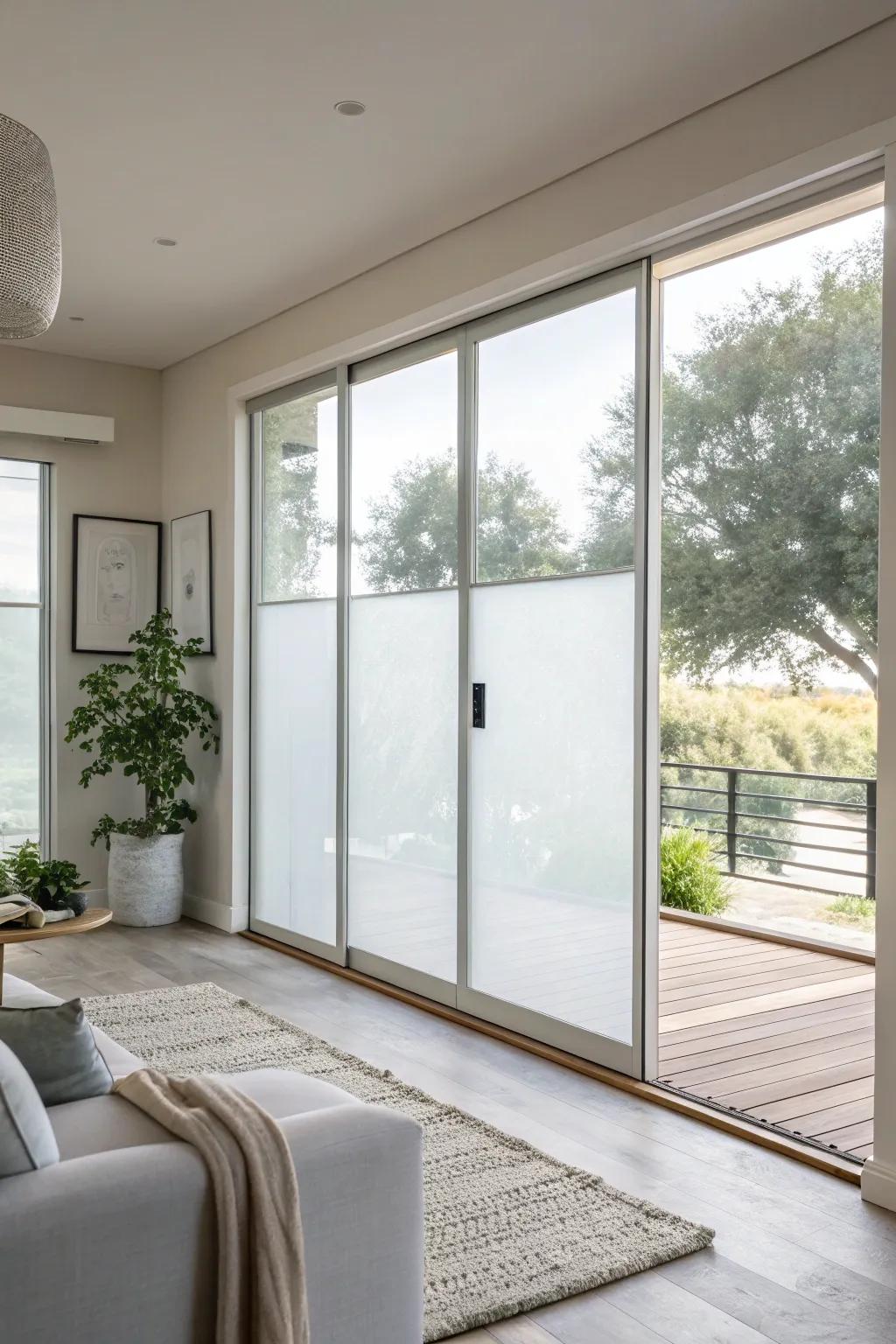 Acid-etched window privacy provides a minimalist and private solution.