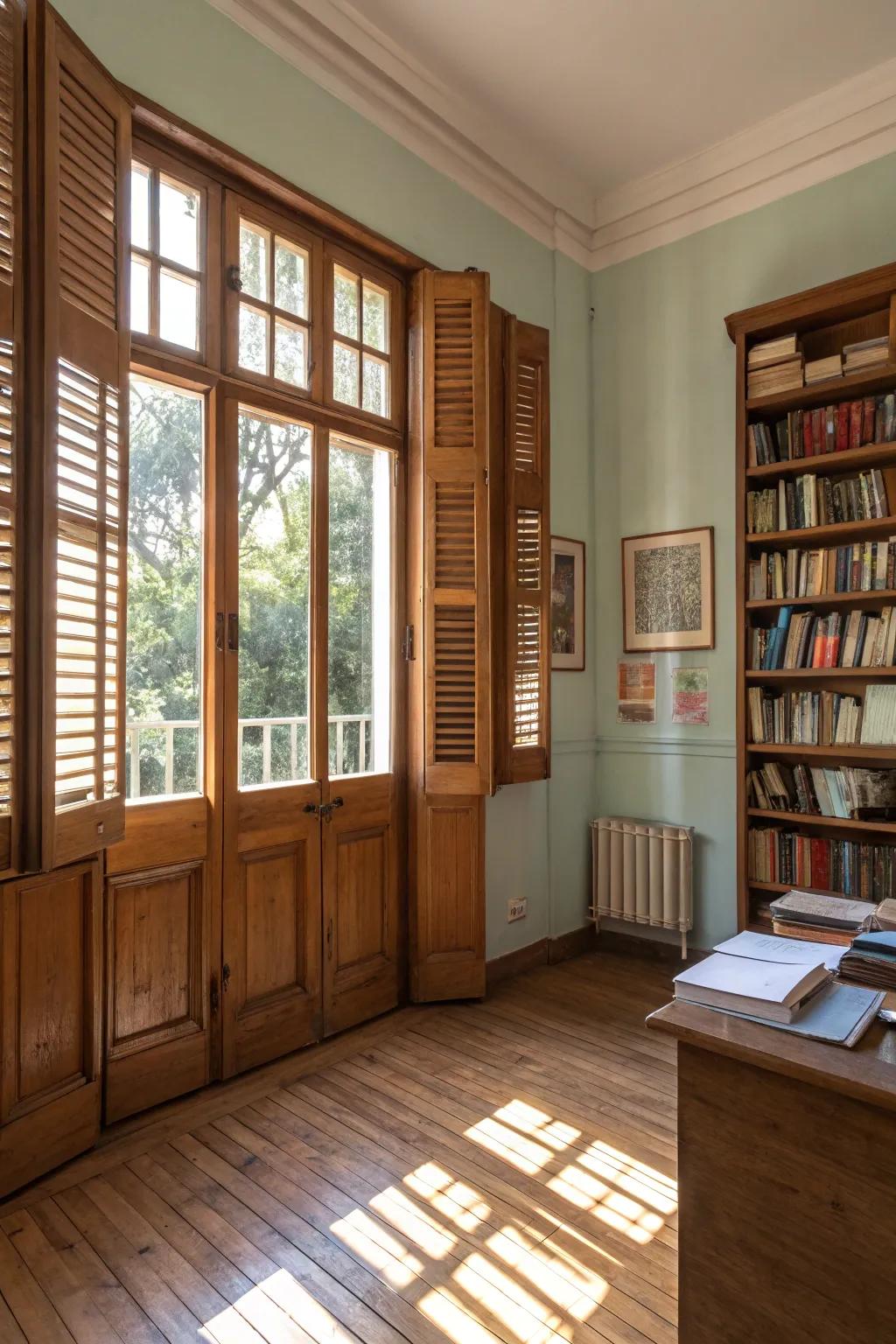 Hardwood shutters impart a sense of traditional charm to this study area.