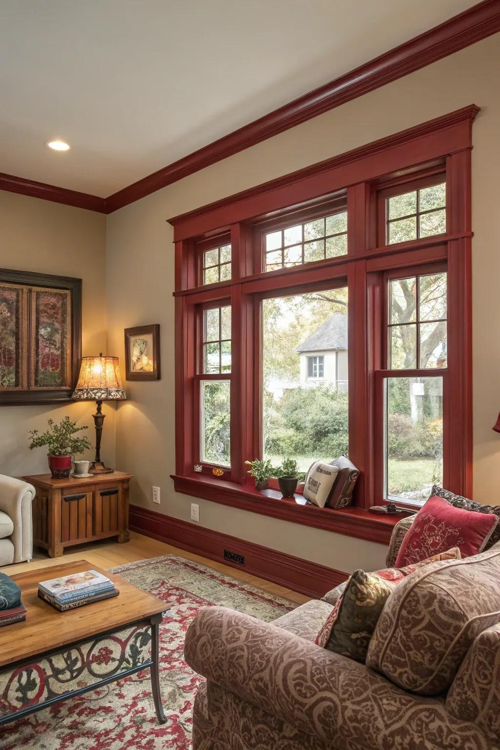 Intense red trim makes a bold statement in a living room.