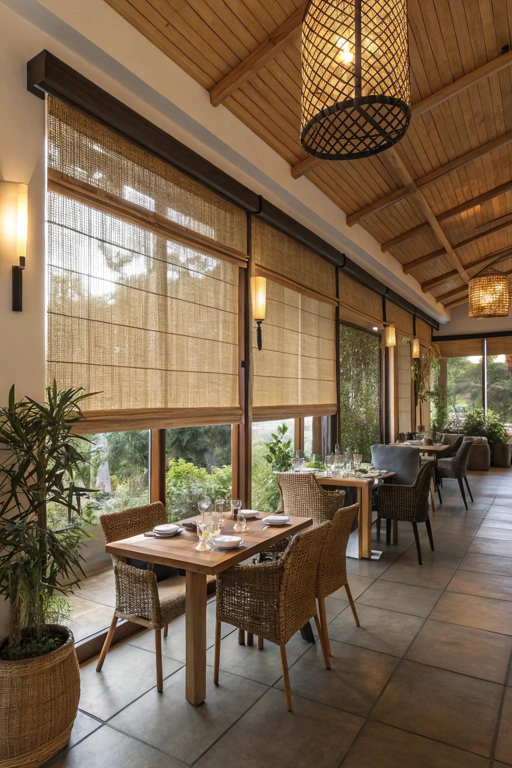 Distinct materials akin to bamboo impart an organic atmosphere.