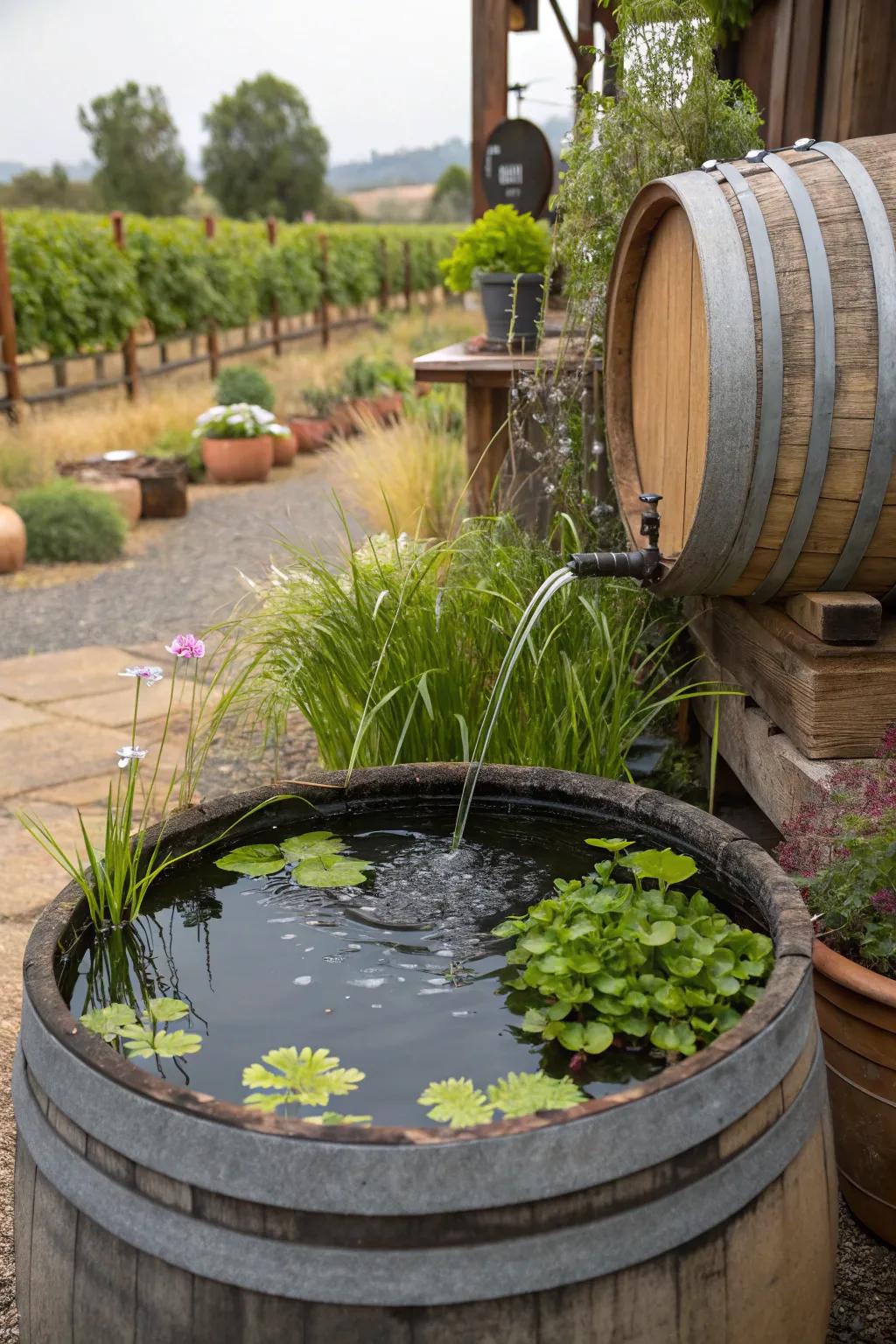 A serene aquatic garden within a wine barrel.