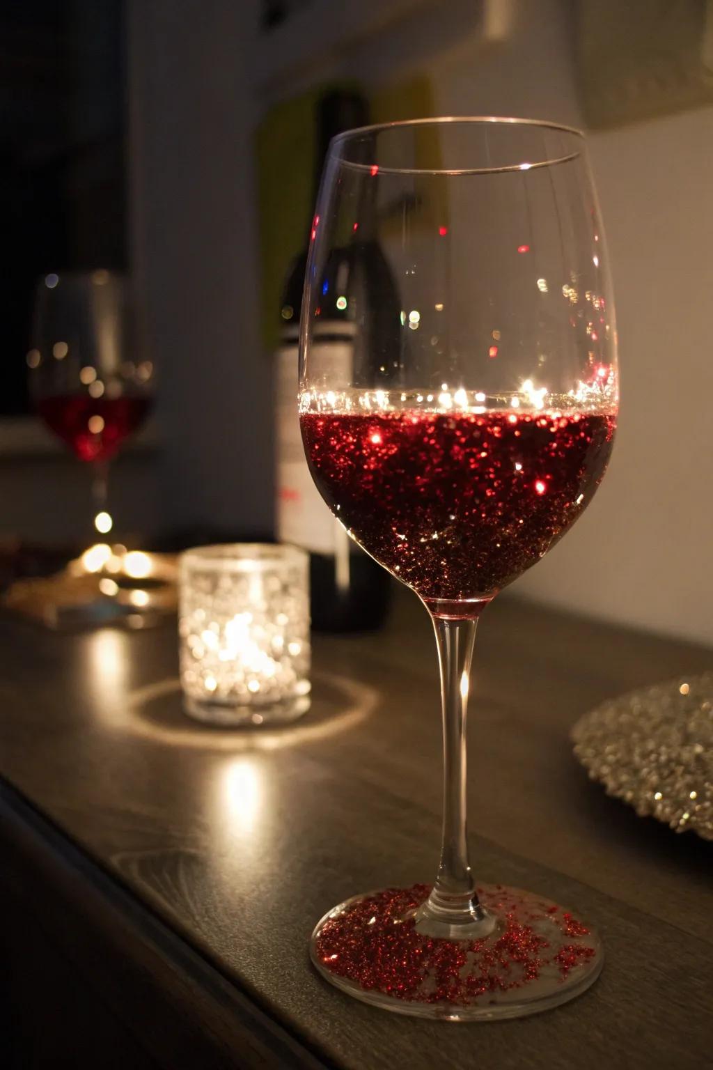 Glittery accents converting wine glasses into celebratory showcases.