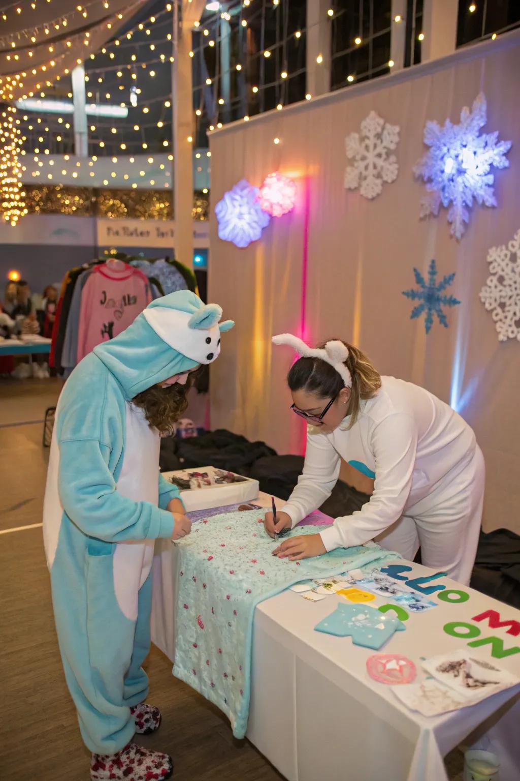 A playful Winter Onesieland theme featuring a onesie decorating station.