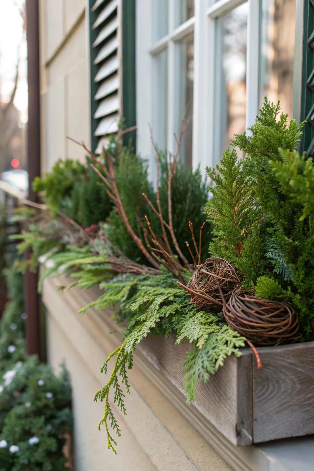 Natural branches impart structure and stature to this winter window box.