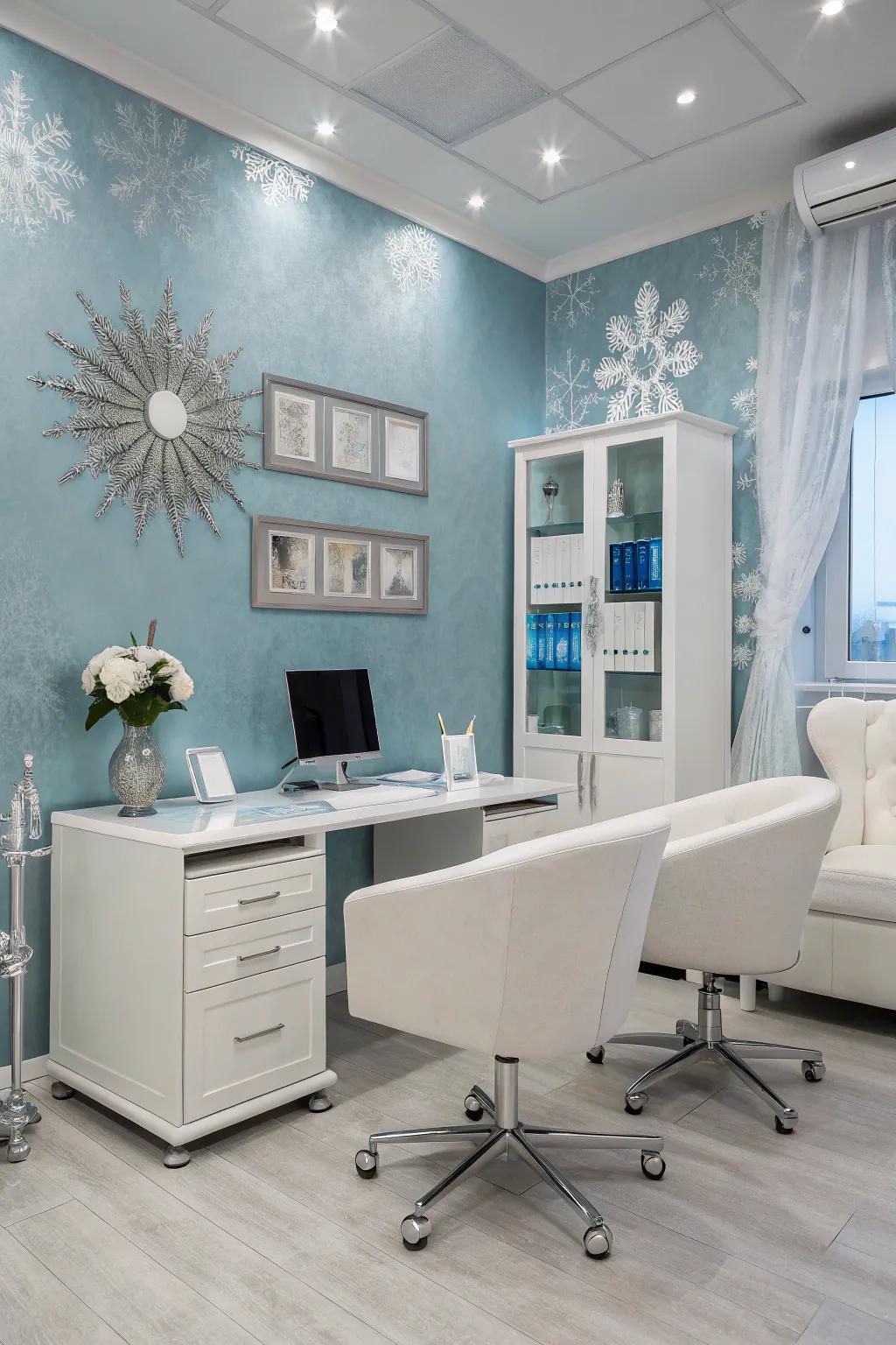 Glacial azure and argent formulate a revitalizing winter palette for your office's ambience.