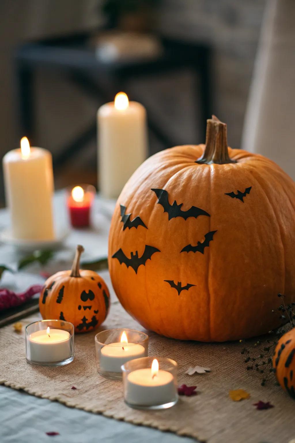 Gourd exhibiting whimsical chiropteran embellishments.