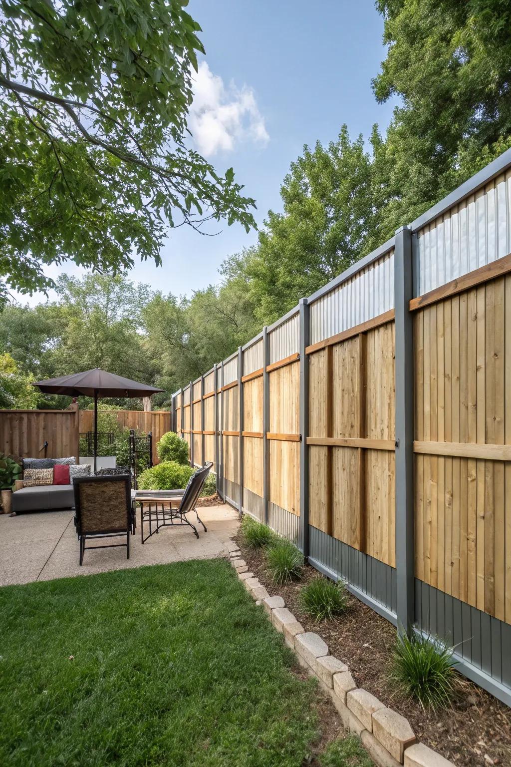 A privacy fence with an inventive spin of alternating wood and metal sections.