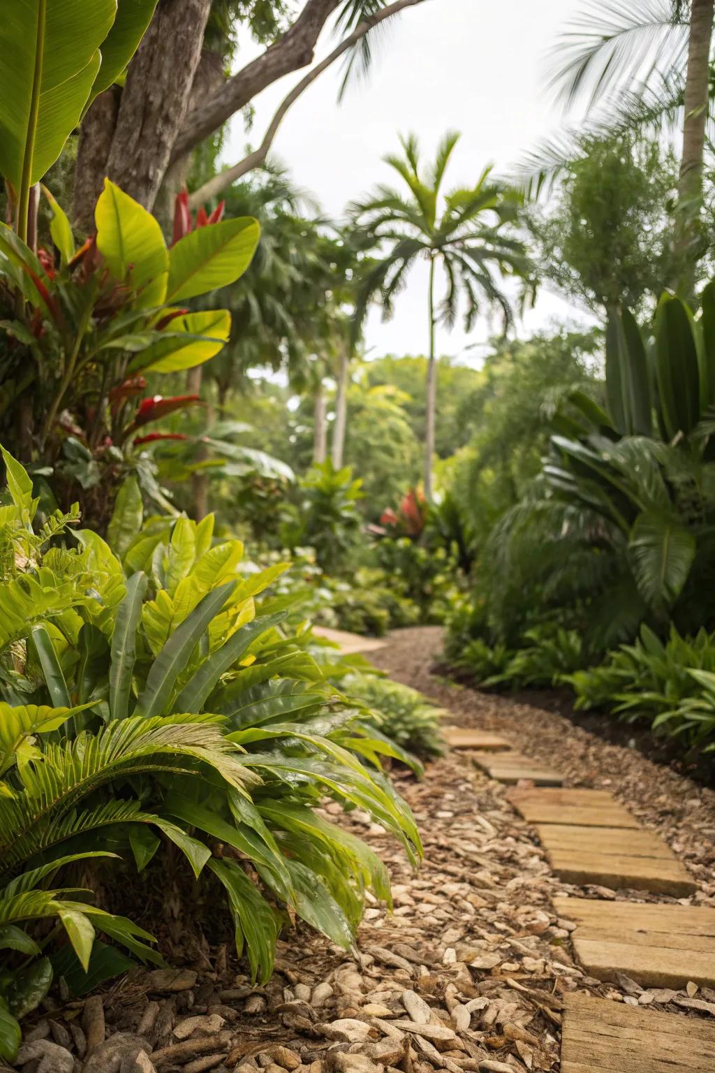 Timber shavings enhance the extravagant verdure of a tropical garden.
