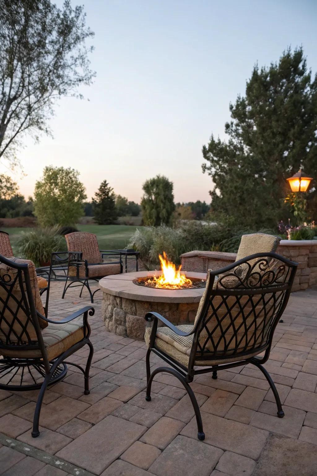 A fire pit encircled by iron seating invites intimate gatherings.