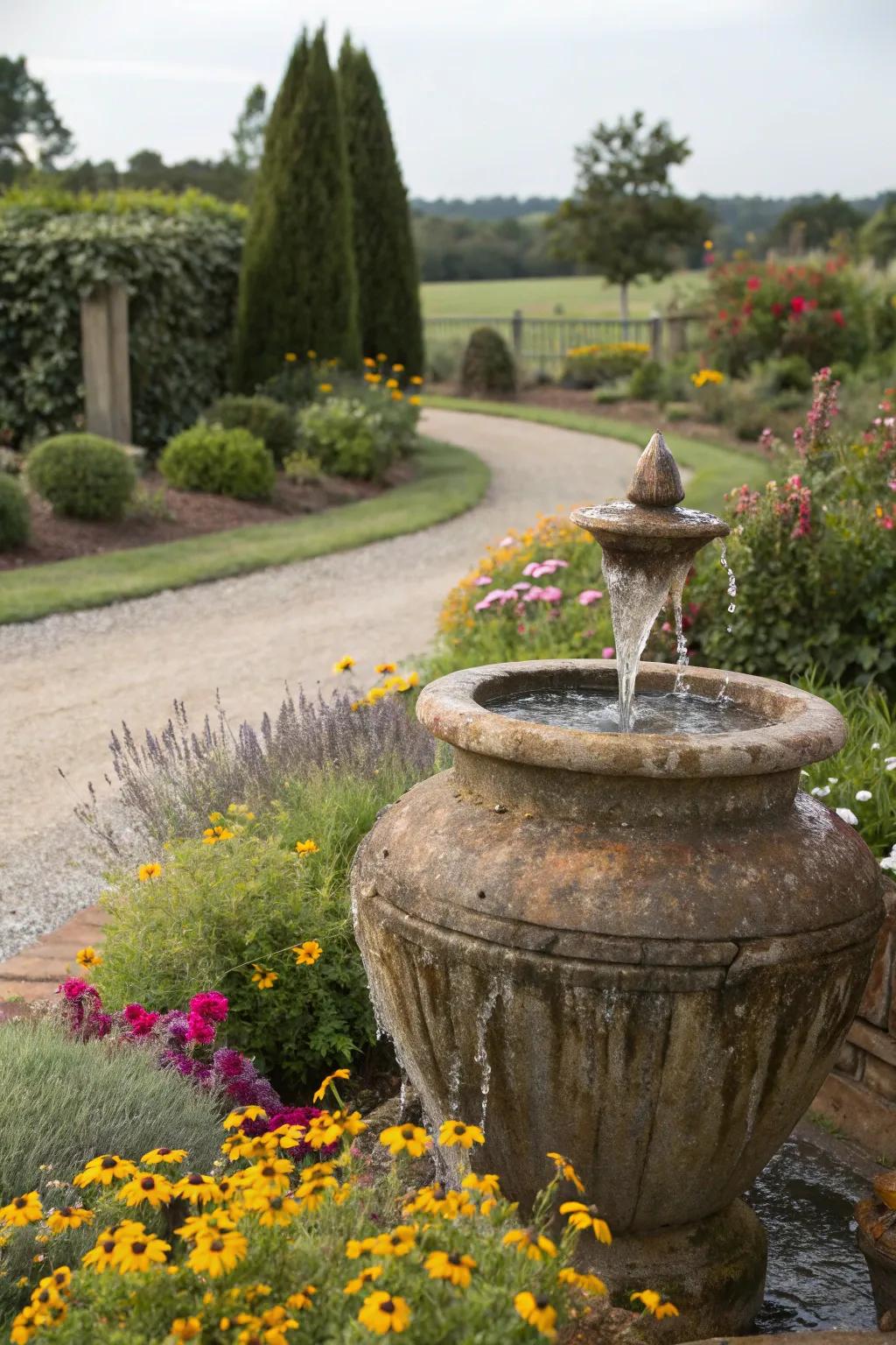A country vase cascade crafting an inviting ambiance within the garden.