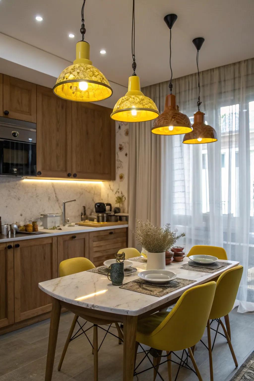 Yellow pendant fixtures bring warmth and style to the kitchen setting.