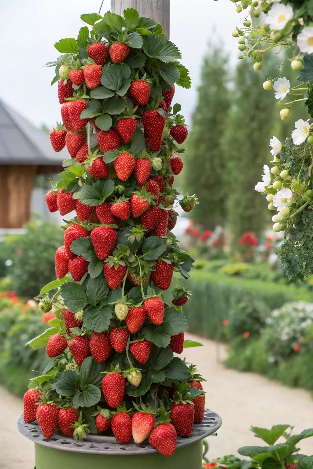 A strawberry spire furnishing upright gardening bliss.