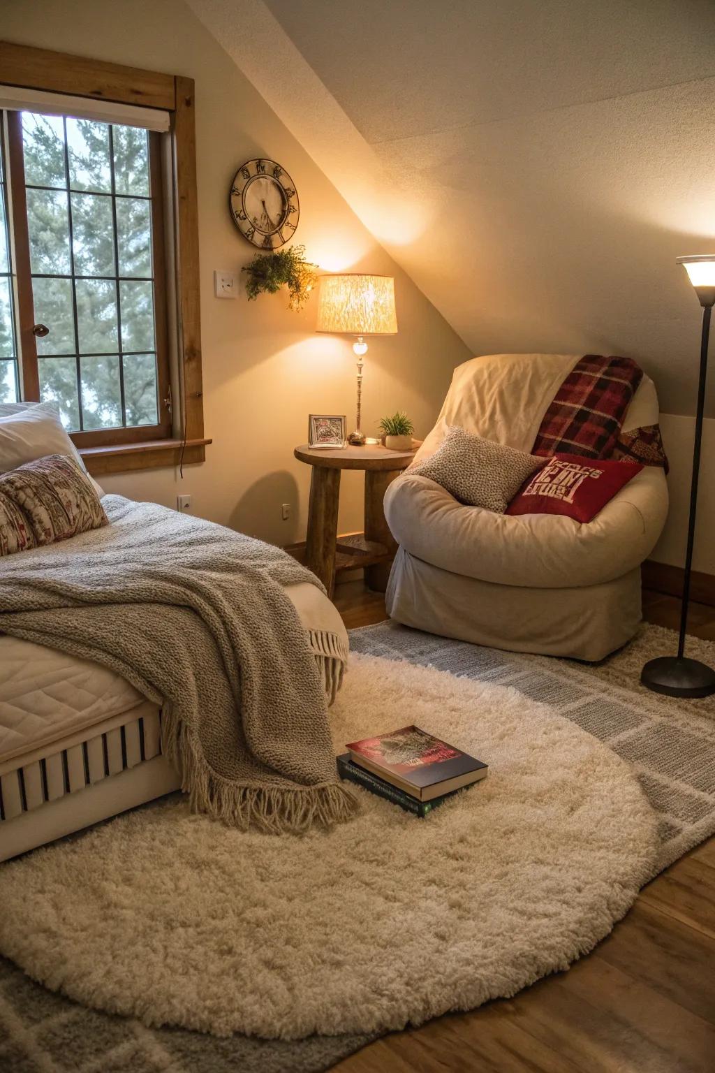 A sumptuous rug delineating a snug space, impeccable for repose.