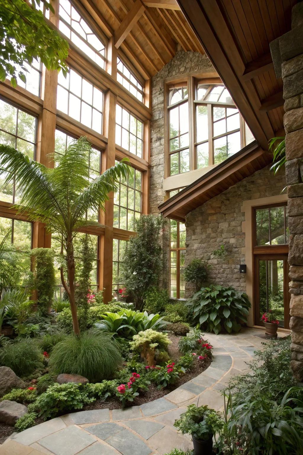 An interior garden flourishes in the natural light of the great room.