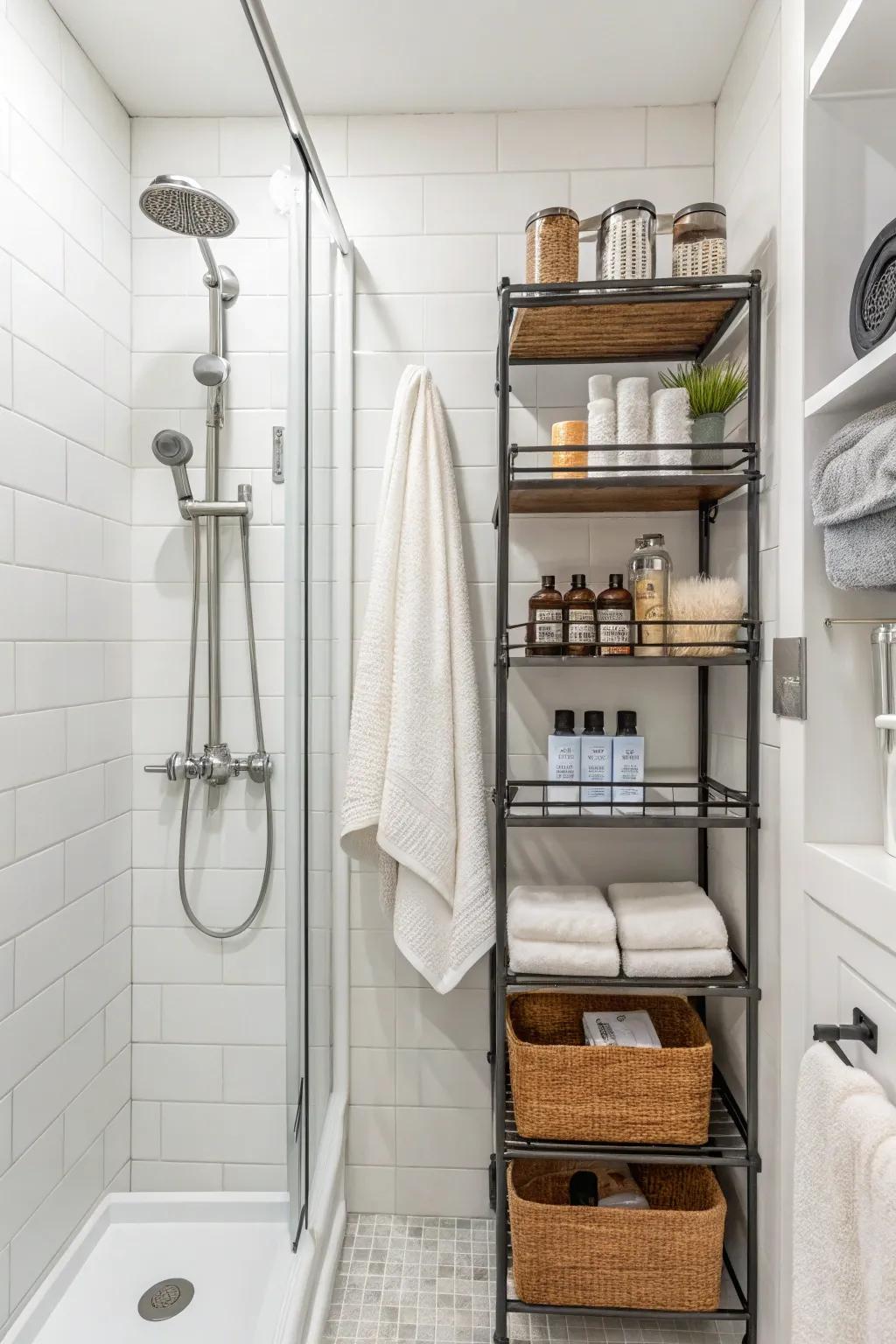 Thoughtful arrangements enhance practical utility within compact showers.