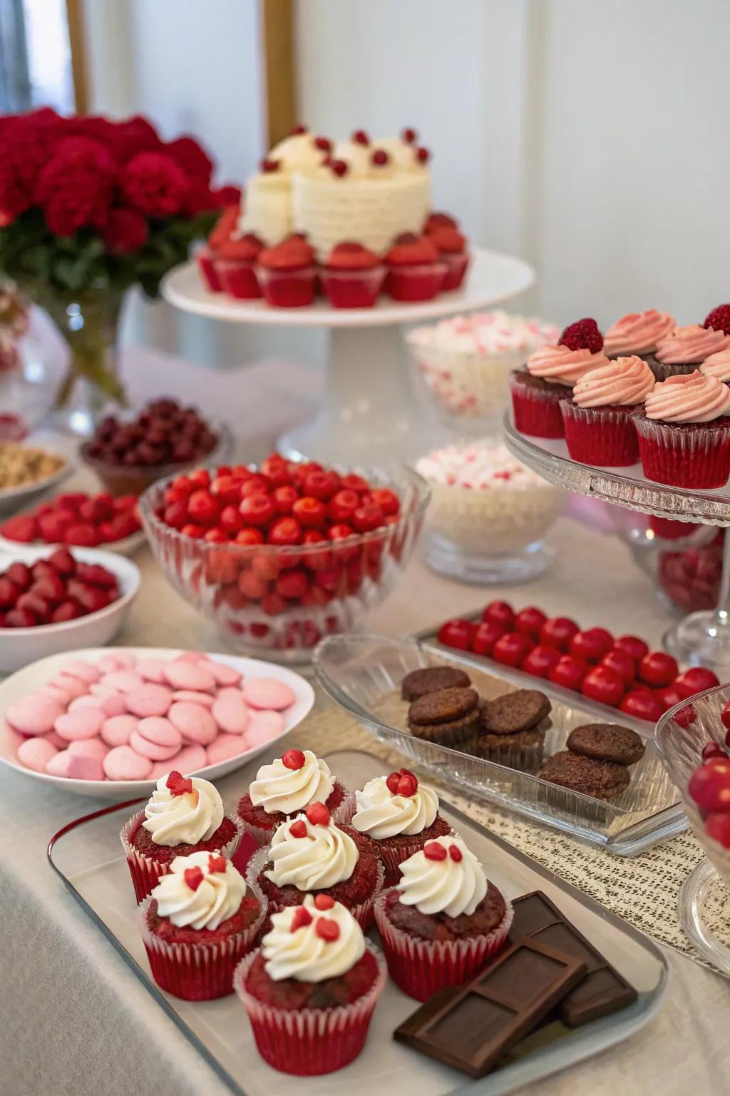 A dessert table that delights with an array of ruby-themed treats.
