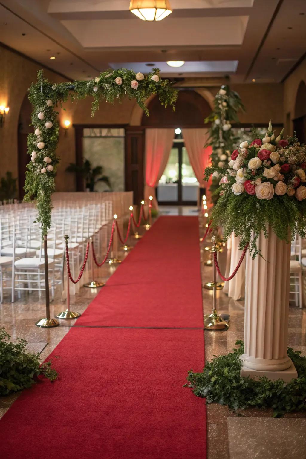 A crimson pathway that adds a touch of refinement to the ceremony.