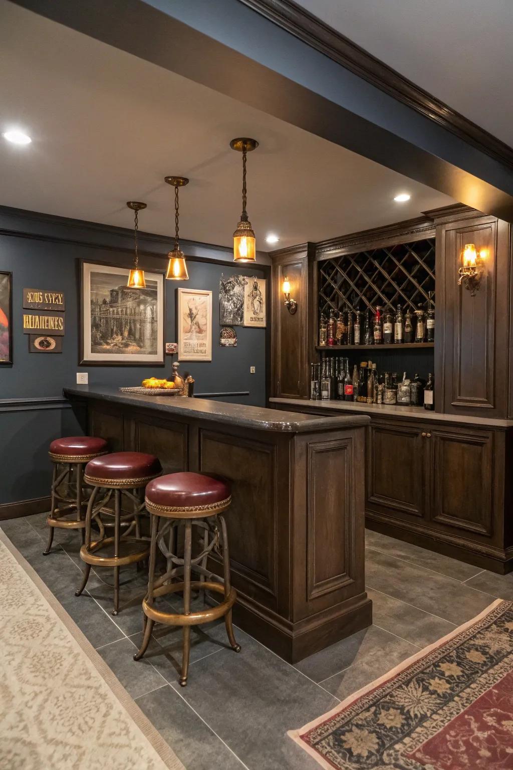 A custom bar elevates the basement's social dimension.
