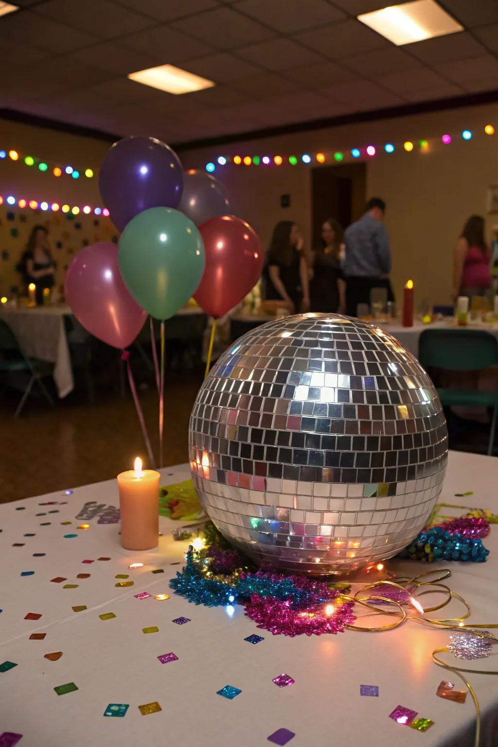 A disco ball focus piece establishes the ambiance for enjoyment and dancing.