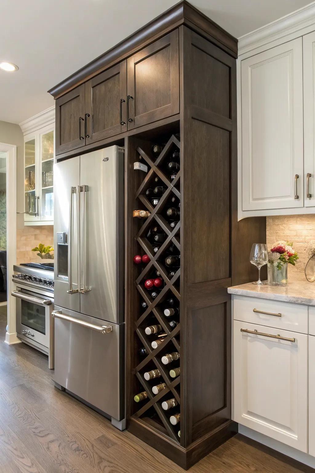 An integrated wine storage unit enhances both functionality and elegance.