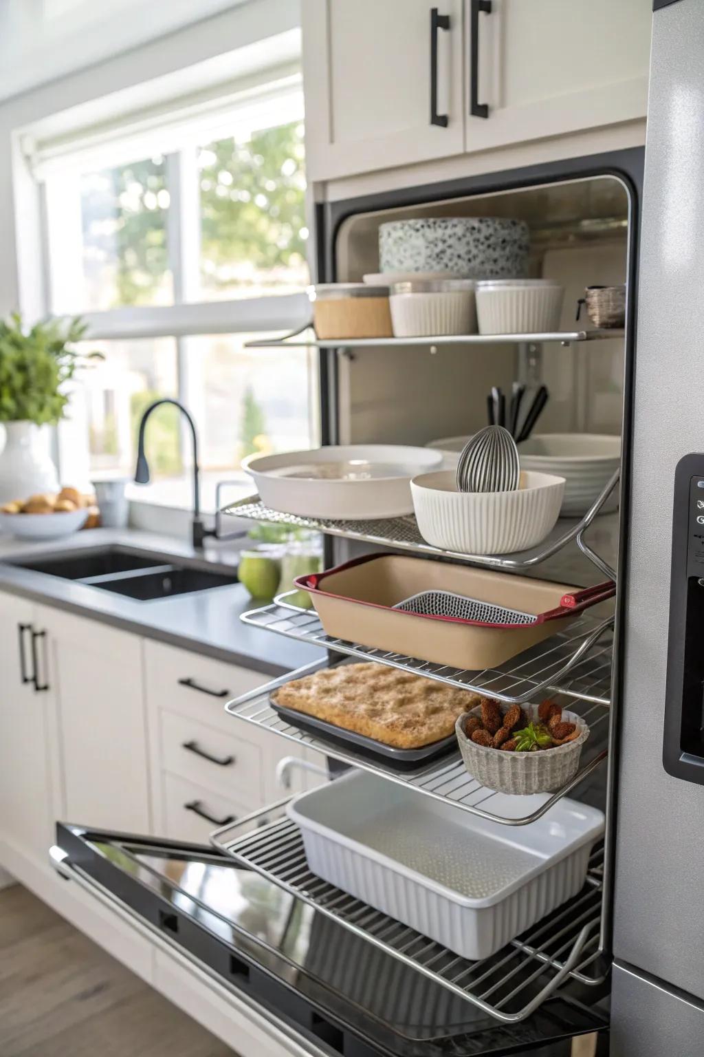 Exquisite bakeware doubles as décor above the fridge.