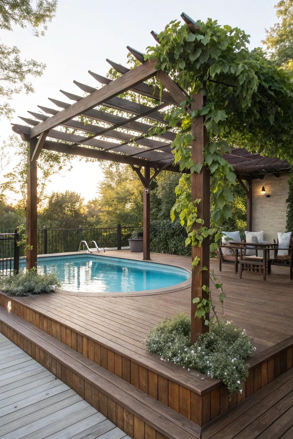 A pergola offers stylish shade for sunlit days.