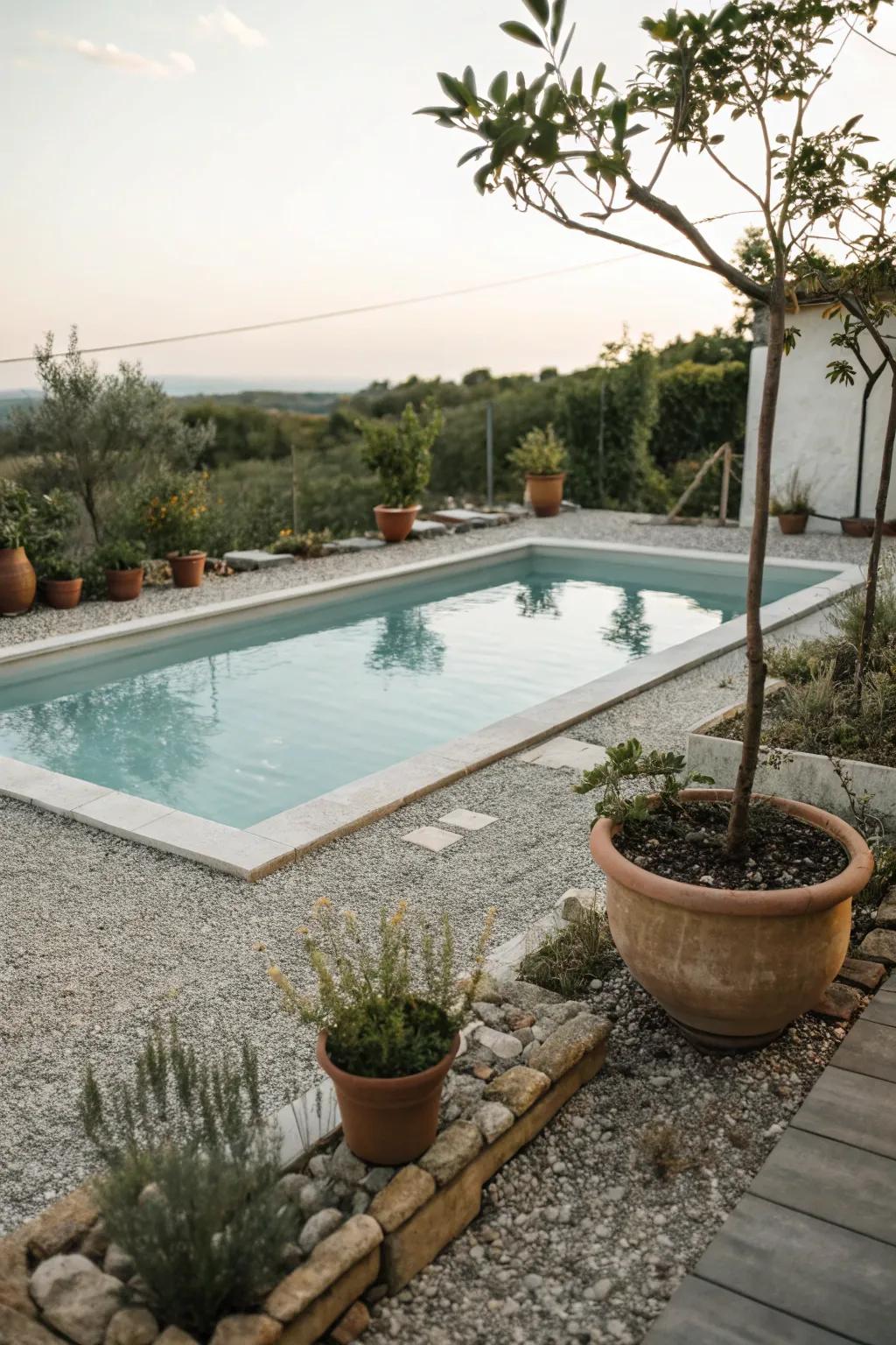 Achieve a stylish design on a budget using pebbles and planters.