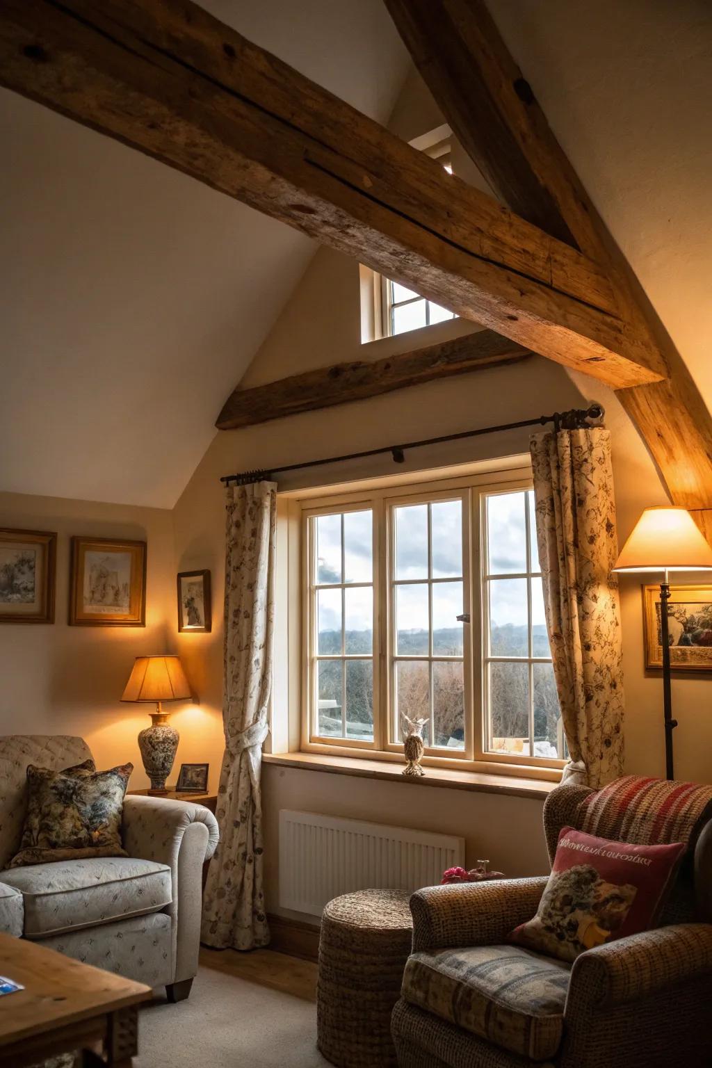 Timber elements introduce warmth and rustic charm.