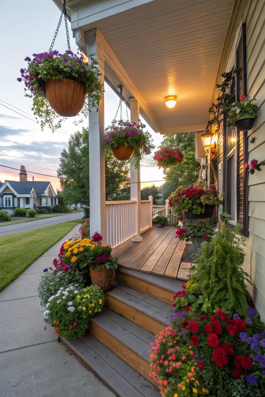 A vibrant porch featuring vertical gardens and suspended floral arrangements.