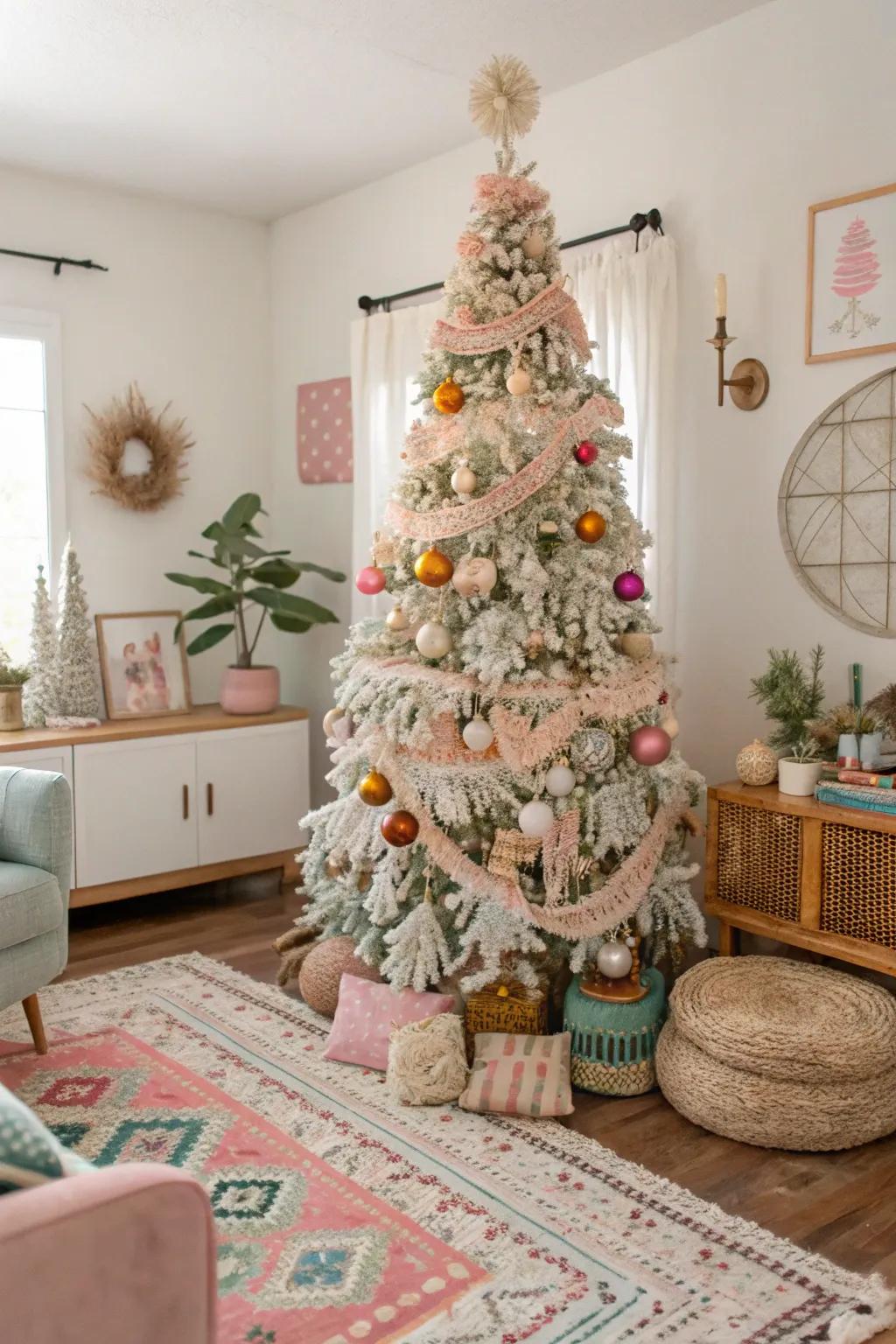 A bohemian-themed Christmas tree showcasing macramé ornaments and muted hues.