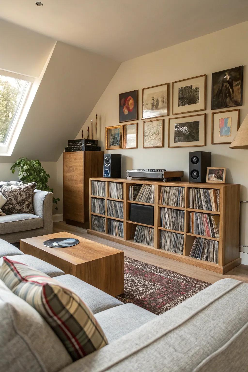 Album storage seamlessly incorporated into a living room setup.